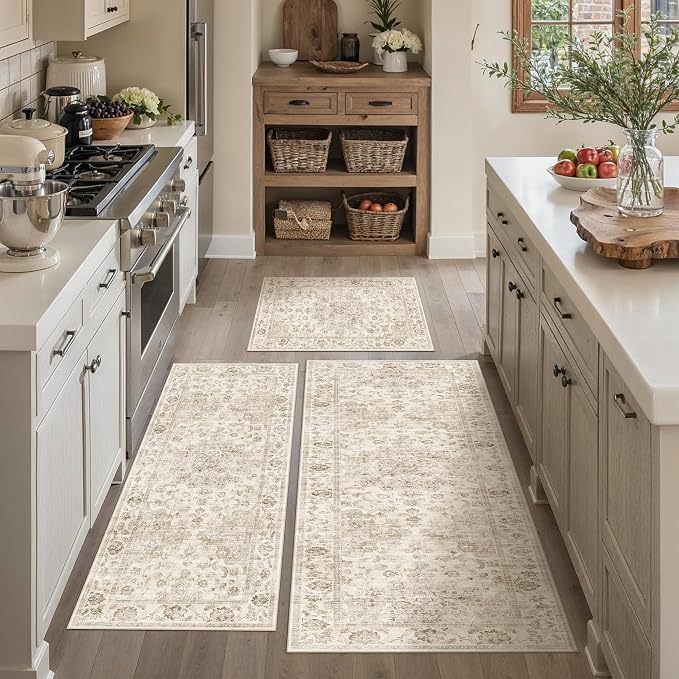 Neutral Kitchen Rug Set of 3 Washable Beige Vintage Kitchen Mats by WondRg