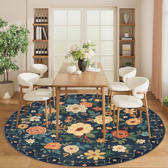 DUKINO Floral Round Rug, 6ft Washable Circle Rug, Non Slip Indoor Low Pile - Image 6