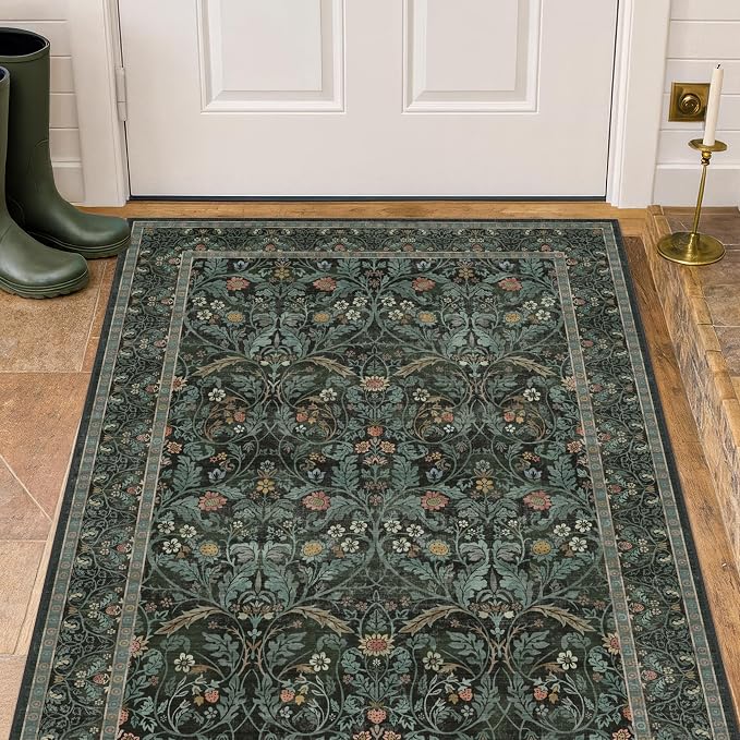 Farmhouse 3x4 Rug for Entryway Indoor, Non Slip Dark Green Washable Kitchen by Evyhood
