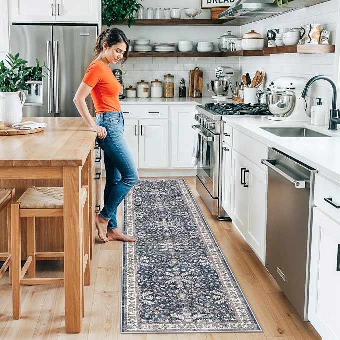 2x8ft Washable Non Slip Kitchen Rugs – Boho Floral Stain-Resistant Low-Pile - Image 3