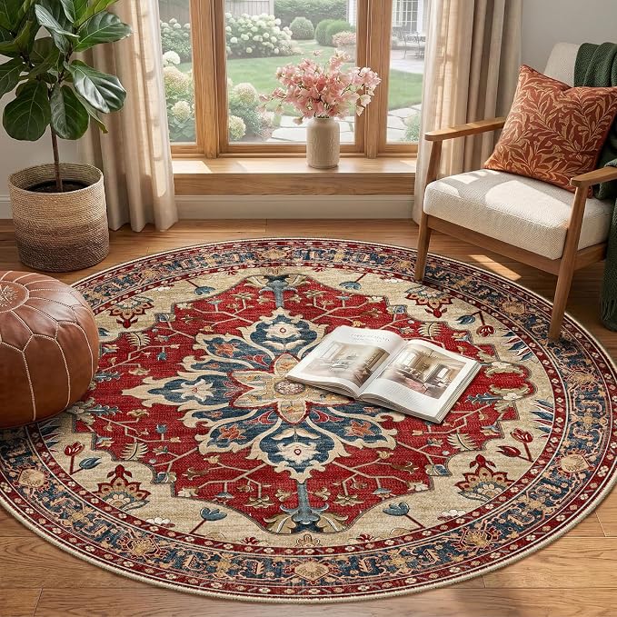 RELEANY Area Rugs Round 4ft Washable Non-Slip, Floral Vintage Distress - Image 2