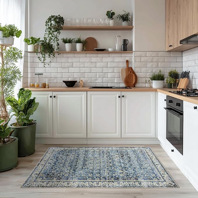 BILEEHOME Vintage Blue Kitchen Rugs 2x3 Dark Blue Distressed Low Pile Area Rug - Image 5