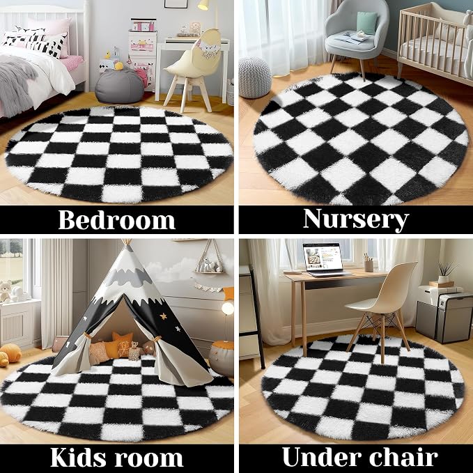 KICMOR Round Rugs 7ft Black and White Circle Area Rug, Fluffy Soft Large Fuzzy - Image 5