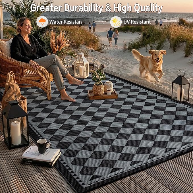 HUGEAR Outdoor Waterproof Rug 9'x12' Plastic Straw Rugs Washable Reversible - Image 4