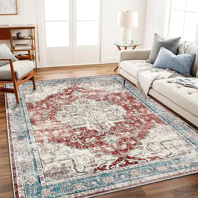 CHAMPLANT Area Washable Rug 5'x7' Red Blue Washable Vintage Traditional Floor by CHAMPLANT