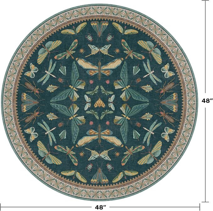 Teal Boho 4ft Round Area Rug, Washable Non Slip Insect & Floral Carpet - Image 2