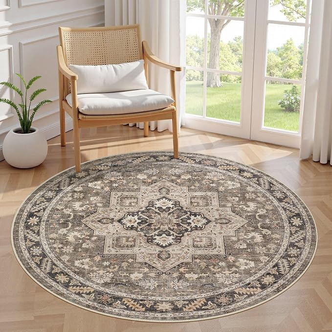 5ft Round Vintage Living Room Area Rug by COTILED