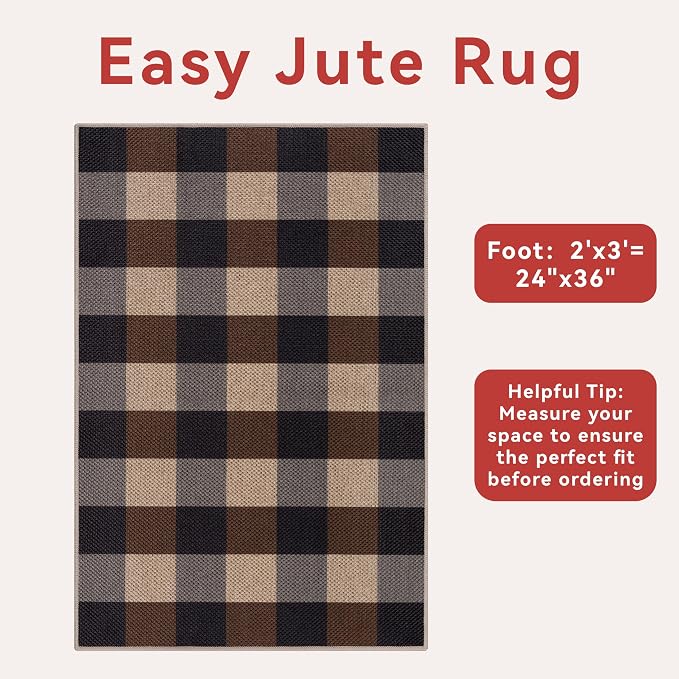 Tangsoo Checkered Easy Jute Rug, 2x3 Washable Ultra Thin Rug - Image 3