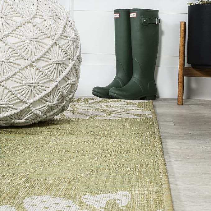 JONATHAN Y Floral Textured Weave Indoor Outdoor Runner Rug 2X8 Green/Cream - Image 4
