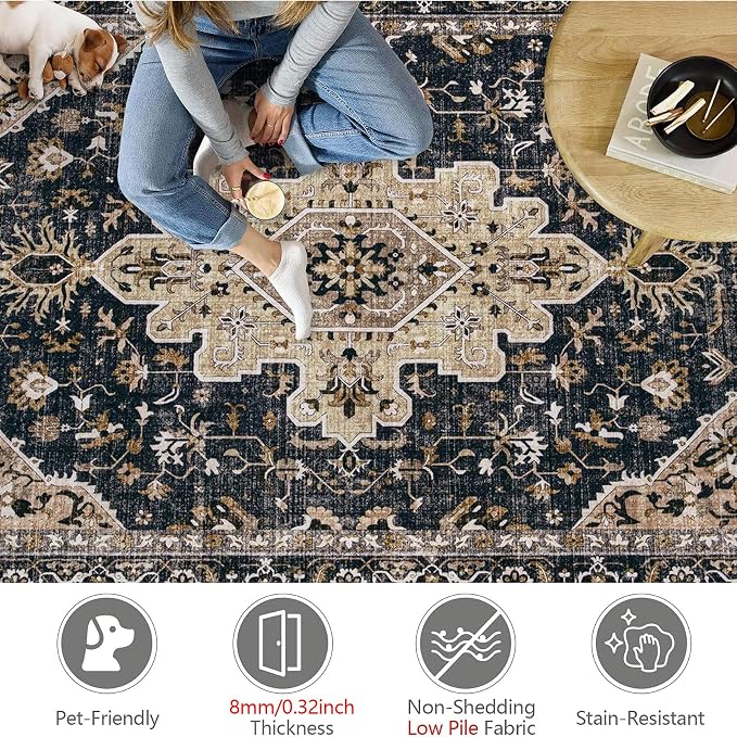 Area Rug 8x10 Vintage Rugs: Large Washable Living Room Rug Retro Medallion - Image 6