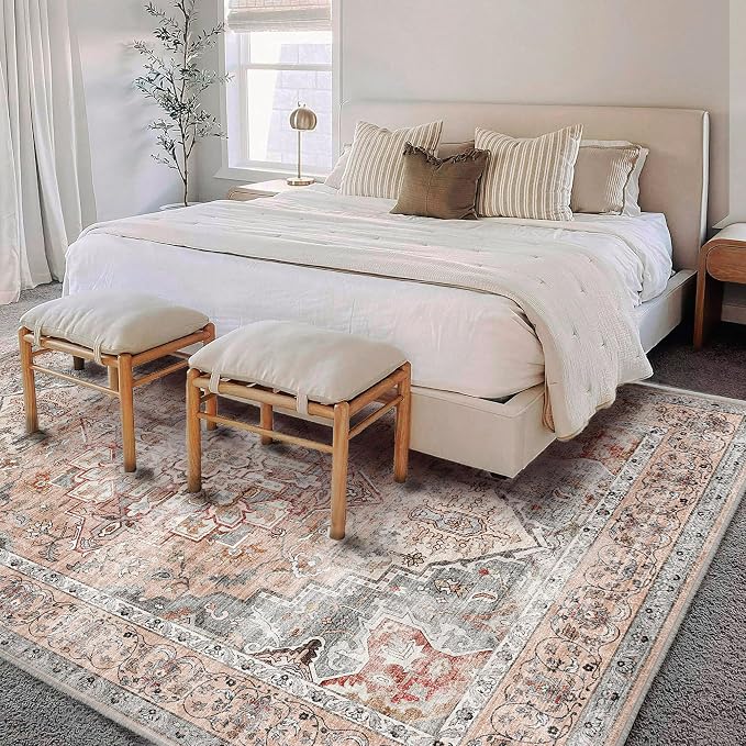 CHAMPLANT Area Rug 6'x9' Light Cyan and Light red Washable Vintage Traditional - Image 2