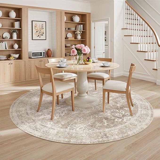 Madane Washable Round Rug 8ft for Living Room, Soft Ultra-Thin Non-Slip Vintage - Image 2