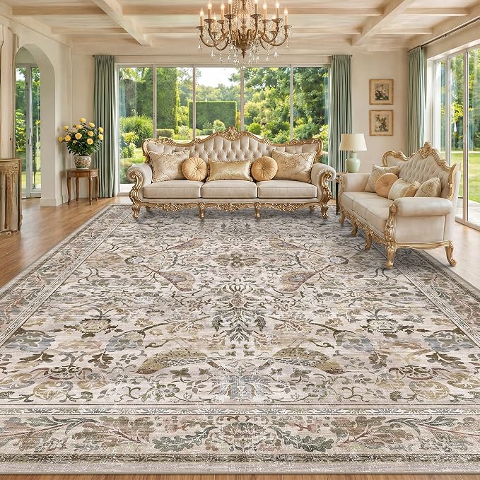 Large Washable Floral 10x14 Area Rug by HazoHaus