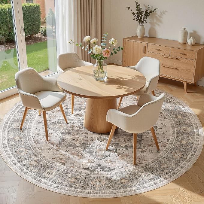8ft Round Area Rug: Washable Vintage Neutral Soft Non Slip Thin Large Floor - Image 3