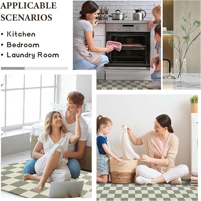 Beige Sage Checkered Grid Checkerboard Kitchen Rug Sets, Anti-Fatigue, - Image 7