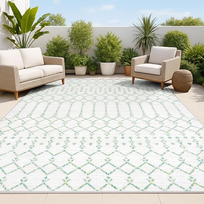 JONATHAN Y Moroccan Geometric Indoor Outdoor Area Rug 5X8 Green/Ivory, Ourika by JONATHANY