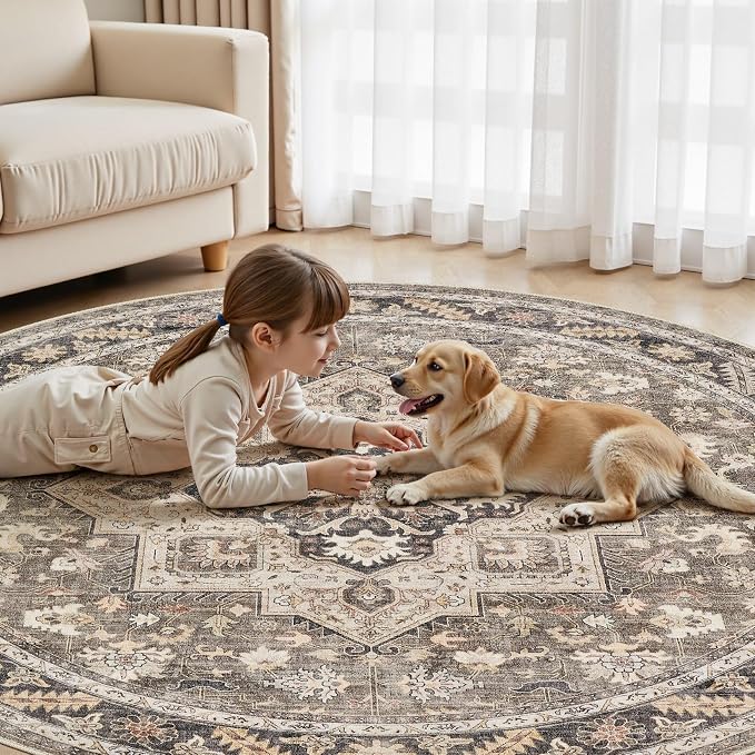 8ft Round Vintage Living Room Area Rug - Image 6