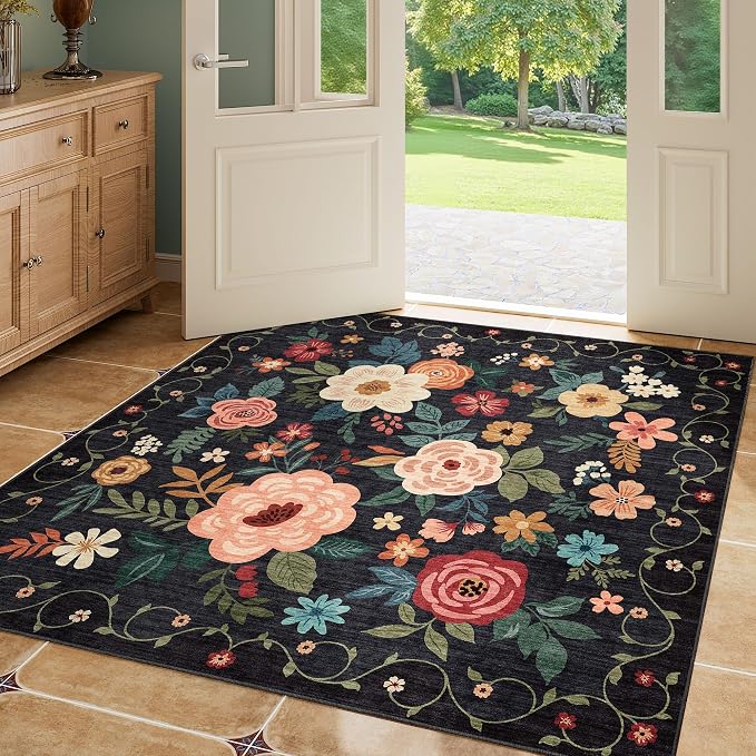DUKINO 4x4 Square Area Rug, Floral Indoor Floor Washable Entryway Rug - Image 6