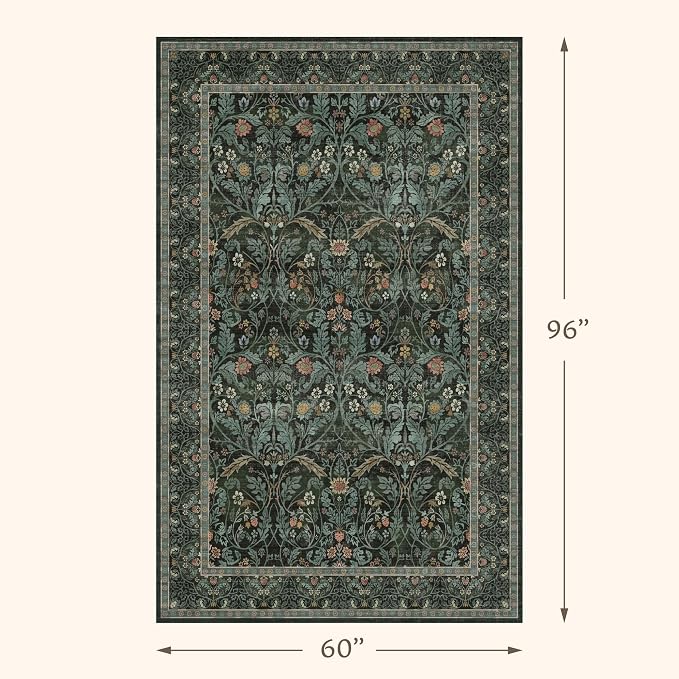 Dark Green 5x8 Dining Room Rug, Floral Washable Soft Non Slip Area Rugs - Image 2