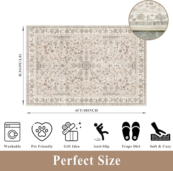3x4 Entryway Rug Washable Non-Slip–Boho Floral Stain-Resistant Small Area Rug - Image 2