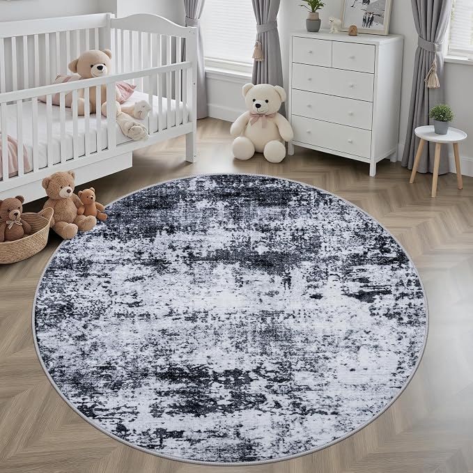 Round Area Rug for Living Room: 4 ft Washable Modern Abstract Soft Thin Rug - Image 3