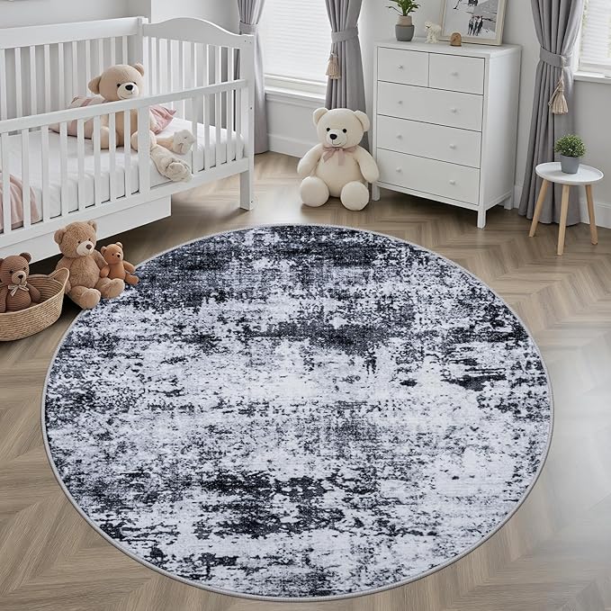Round Area Rug for Living Room: 5 ft Washable Modern Abstract Soft Thin Rug - Image 3