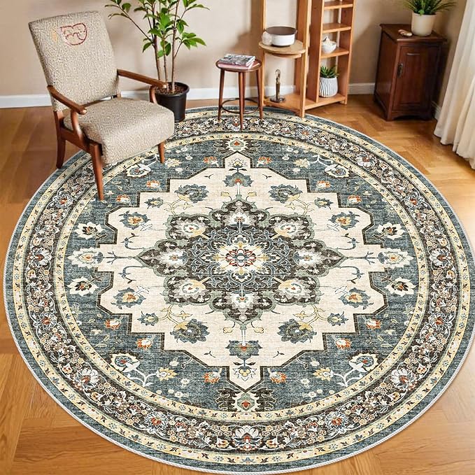 Washable Oriental Area Rug - 9ft Round Rugs by TOPRUUG