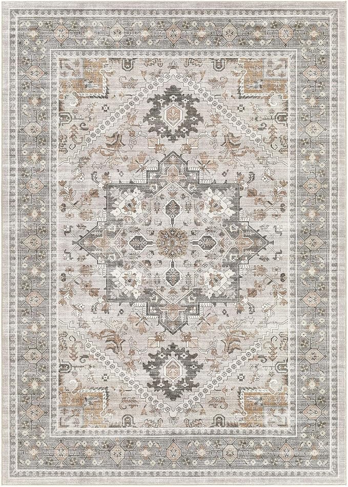 7x9 Vintage Area Rug: Washable Neutral Soft Non Slip Thin Large Floor Carpet - Image 9