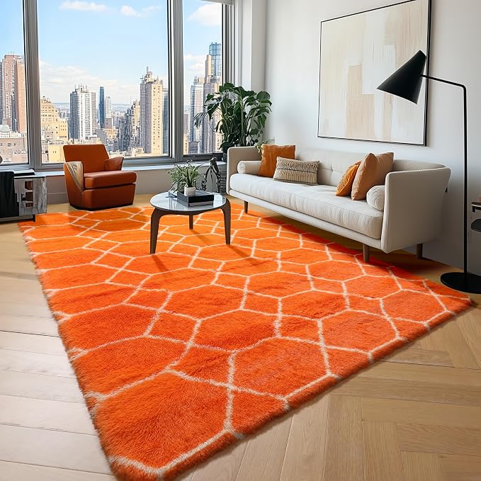 ONASAR Area Rugs for Bedroom Living Room, 4x6 Fluffy Orange and White Throw Rug - Image 5