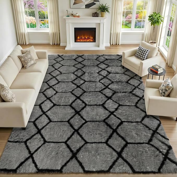 ONASAR Area Rugs for Bedroom Living Room, Fluffy 4x6 Grey and Black Bedside Rug - Image 7