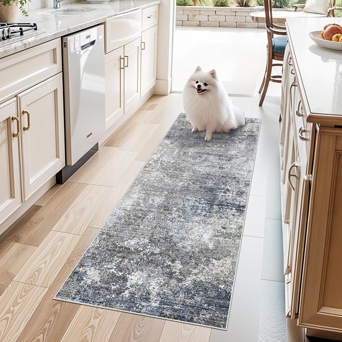 2x5 Rug Runner Non-Slip Washable– Modern Neutral Abstract Kitchen Bathroom by BYYVOORugsforYourHome