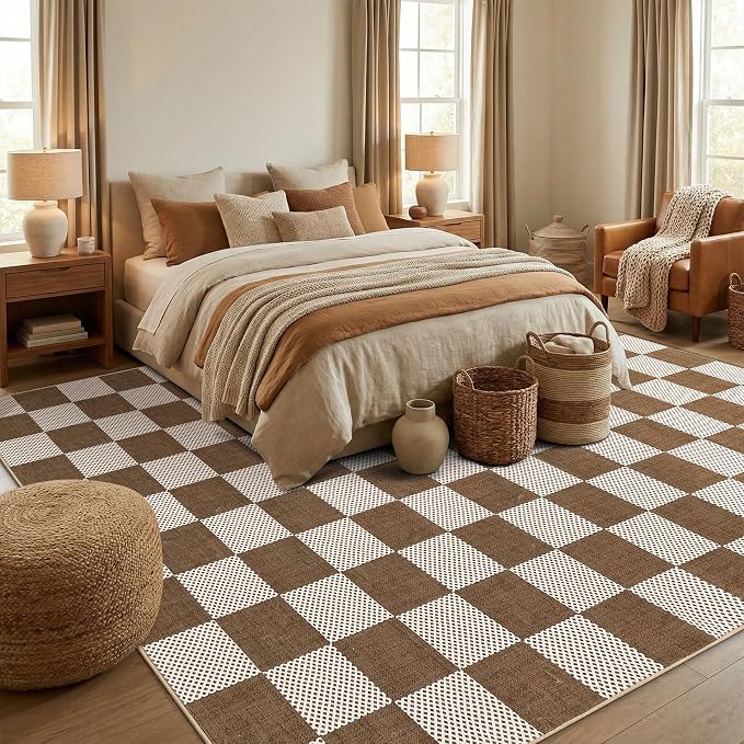 GarveeHome Checkered Terracotta Brown 5x7 Washable Rug Geometric Diamond Dot - Image 3