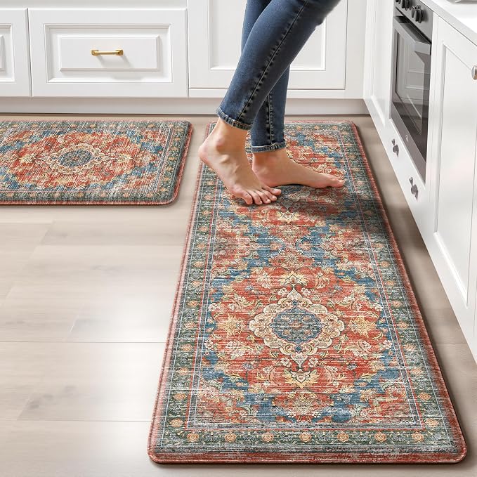 Boho Kitchen Mats for Floor 2 Piece Set Anti Fatigue Cushioned PVC Kitchen Rugs by tubeamin