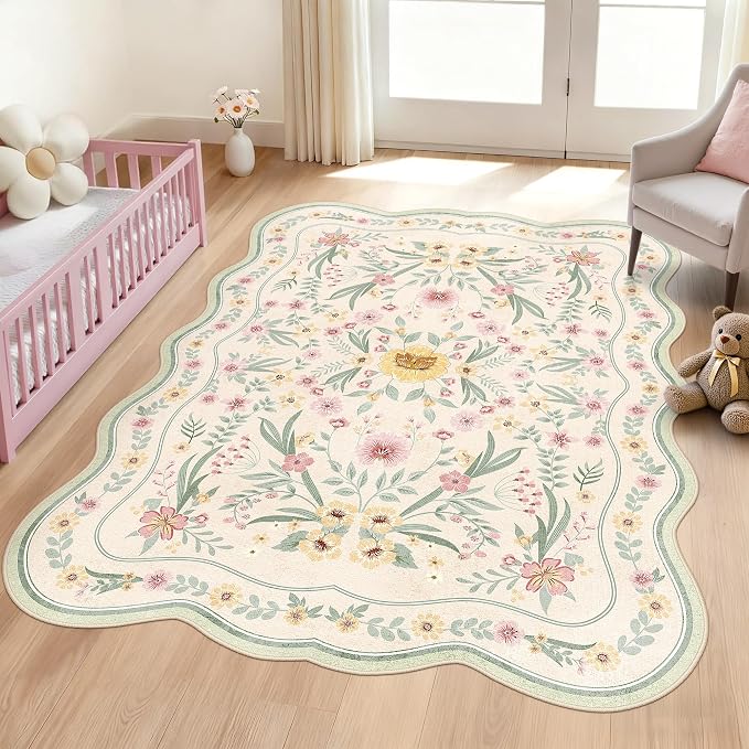 Scalloped Floral Rug 5x7, Sage Green Washable Non Slip Area Rug by Dadasgk