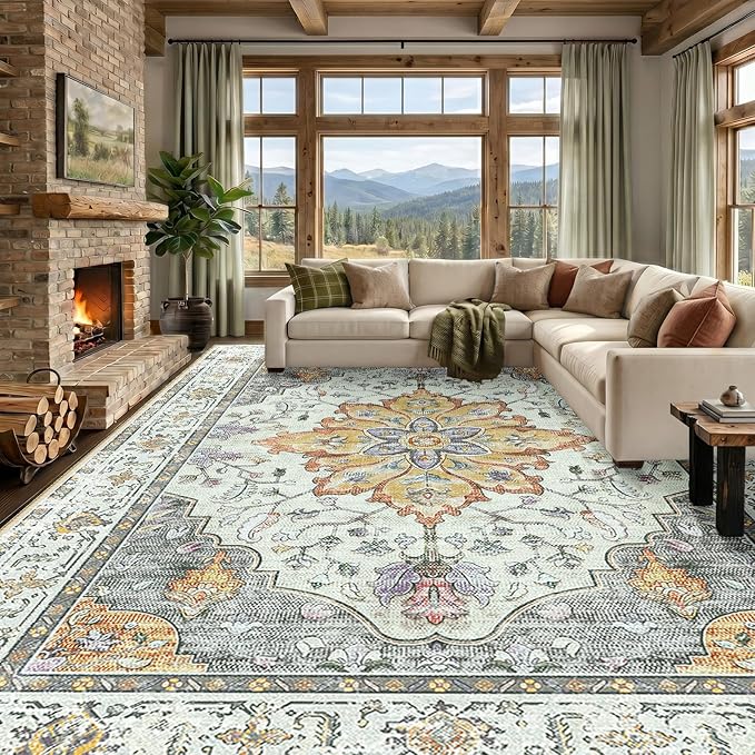 RELEANY Area Rugs Large 10'x12' Washable Non-Slip, Floral Vintage Distress by RELEANY
