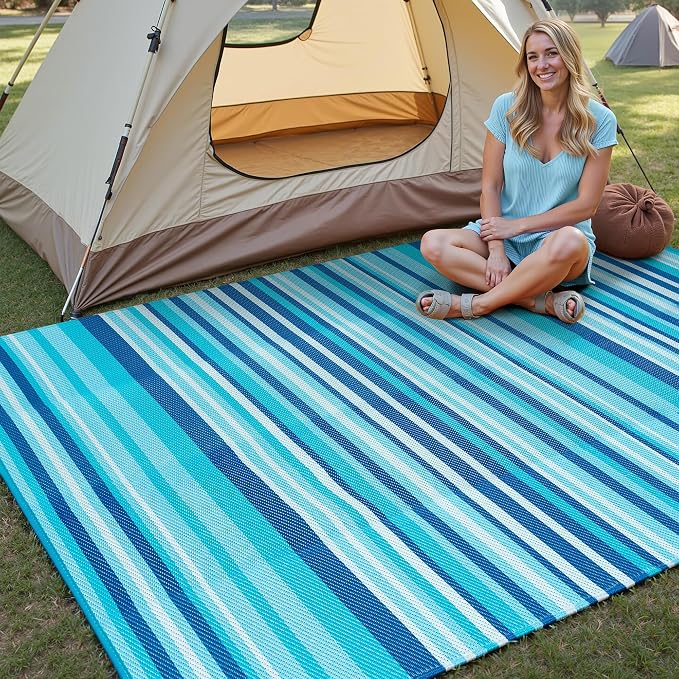 Outdoor Plastic Straw Rug Waterproof Patio 6x9 Blue Teal Stripe Mat - Image 3