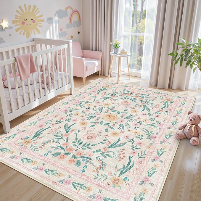 Pink Floral Area Rug 4x6, Washable Non-Slip Soft Carpet - Image 3