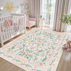 Pink Floral Area Rug 4x6, Washable Non-Slip Soft Carpet - Image 3