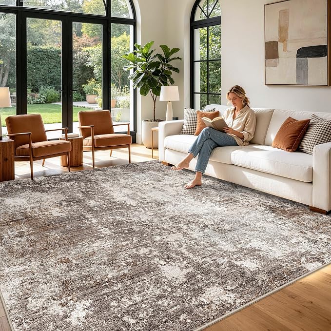 12x12 Square Living Room Rug – Modern Abstract Neutral Extra Large Washable - Image 3