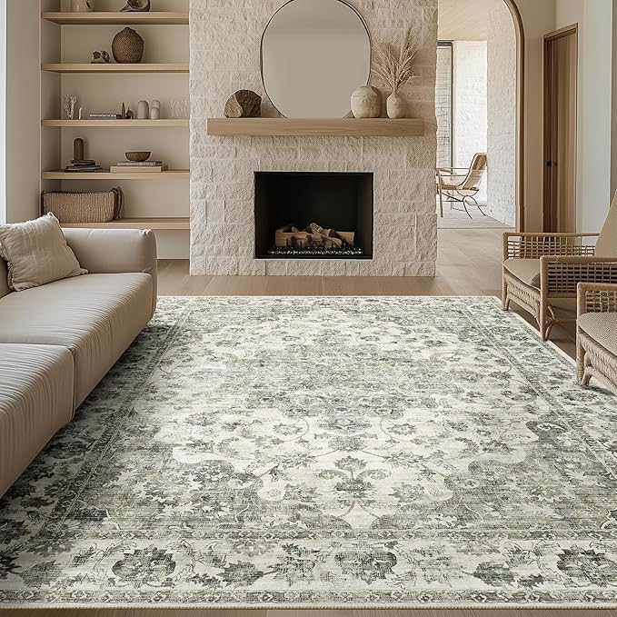 9x12 Neutral Area Rug Green Vintage Living Room Bedroom Washable Carpet - Image 3