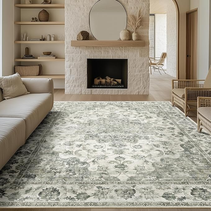 6x9 Washable Neutral Area Rug Green Vintage Living Room Bedroom Carpet Non-Slip - Image 3