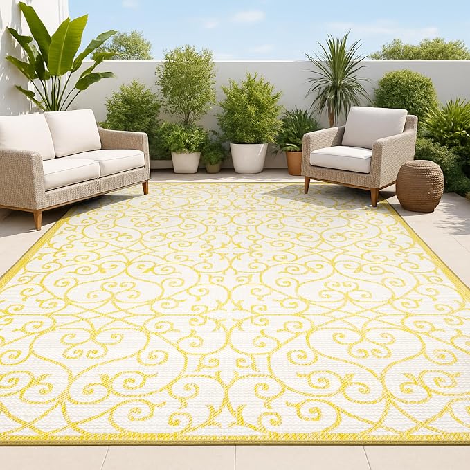 JONATHAN Y Vintage Filigree Indoor Outdoor Area Rug 3X5 Cream/Yellow, Madrid by JONATHANY