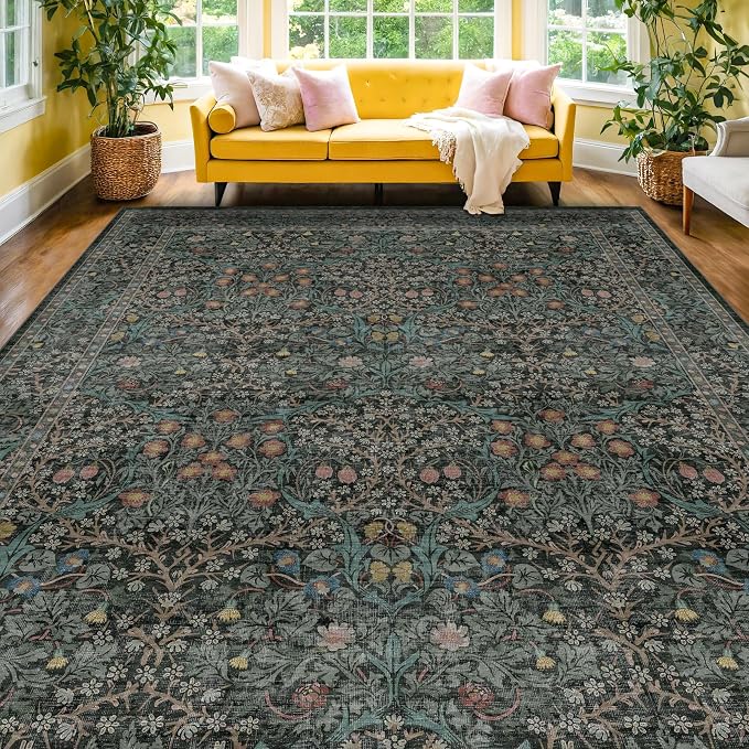 Washable Dark Green Rug for Living Room by HazoHaus