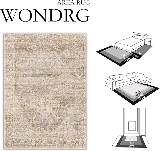 2x6 Washable Neutral Runner Rug Beige Vintage Hallway Kitchen Carpet Non-Slip - Image 2