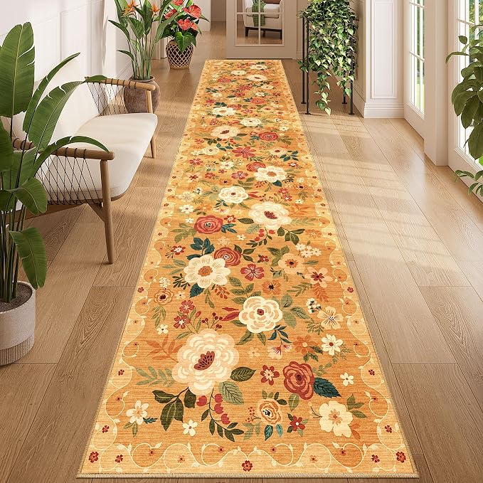 DUKINO 2.6x12 Kitchen Runner Rug, Lightweight Floral Washable Rug by DUKINO