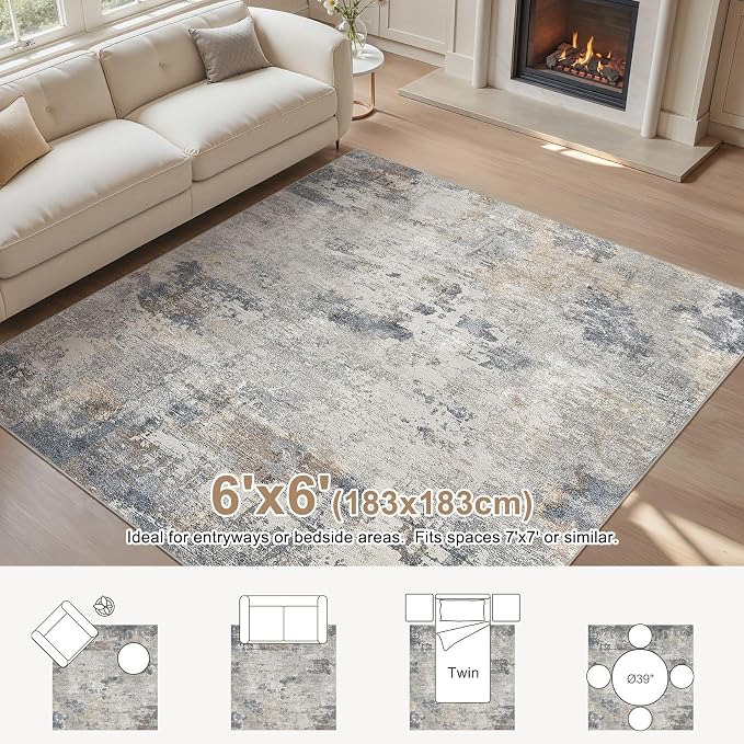 UERMEI Square Area Rugs : Washable 6x6 Neutral Modern Abstract Carpet - Image 3