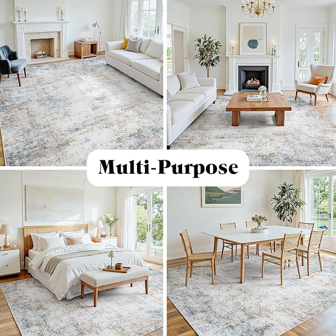 Area Rug 9x12 Living Room Rug Washable: No-Slip Abstract Soft Thin Large Brown - Image 8