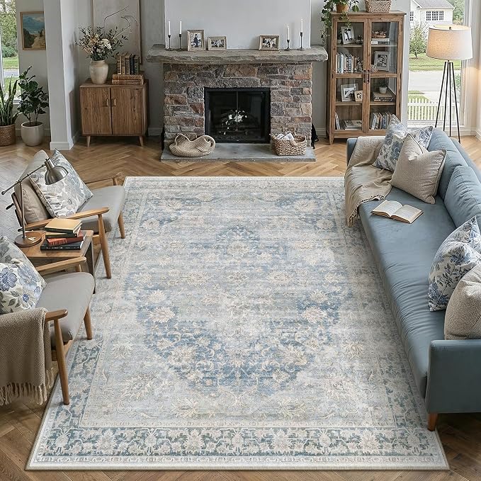 8x10 Washable Neutral Area Rug Blue Vintage Living Room Bedroom Carpet Non-Slip by WondRg