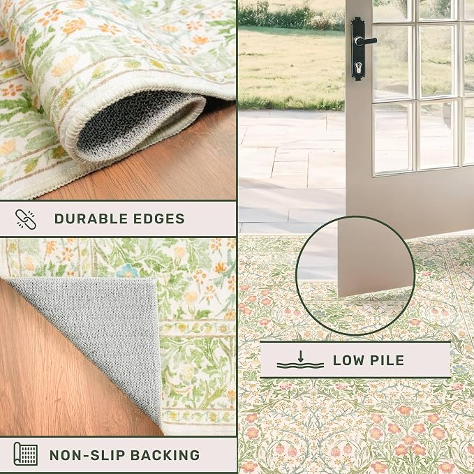 Hazo Haus Light Beige Green Floral Living Room Rug, 7x9 Washable Area Rug - Image 5