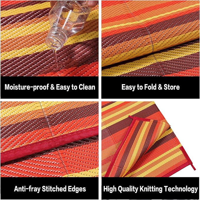 Outdoor Plastic Straw Rug Waterproof Patio 8x10 Red Orange Stripe Mat - Image 7